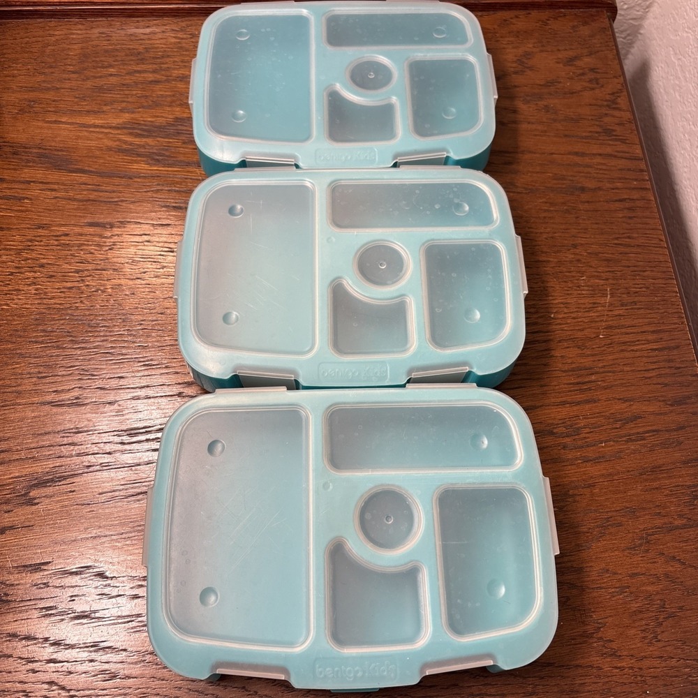 Lot Of 3 Bentgo Kids Teal Lunch Tray Containers Transparent Covers Bento Box